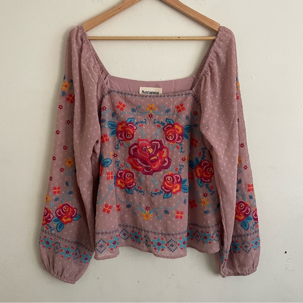 Savanna Jane Floral Embroidered Blouse - Pink and Blue